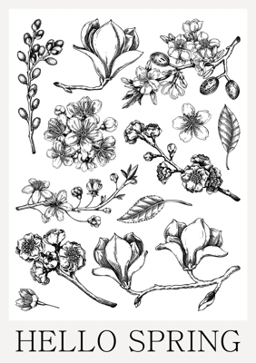 Spring poster design. Blooming branches sketches. Hand-drawn botanical illustration. Floral print design. NOT AI genereted